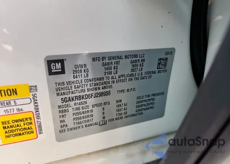 2015 Buick Enclave from USA, damaged, VIN 5GAKRBKD6FJ298956